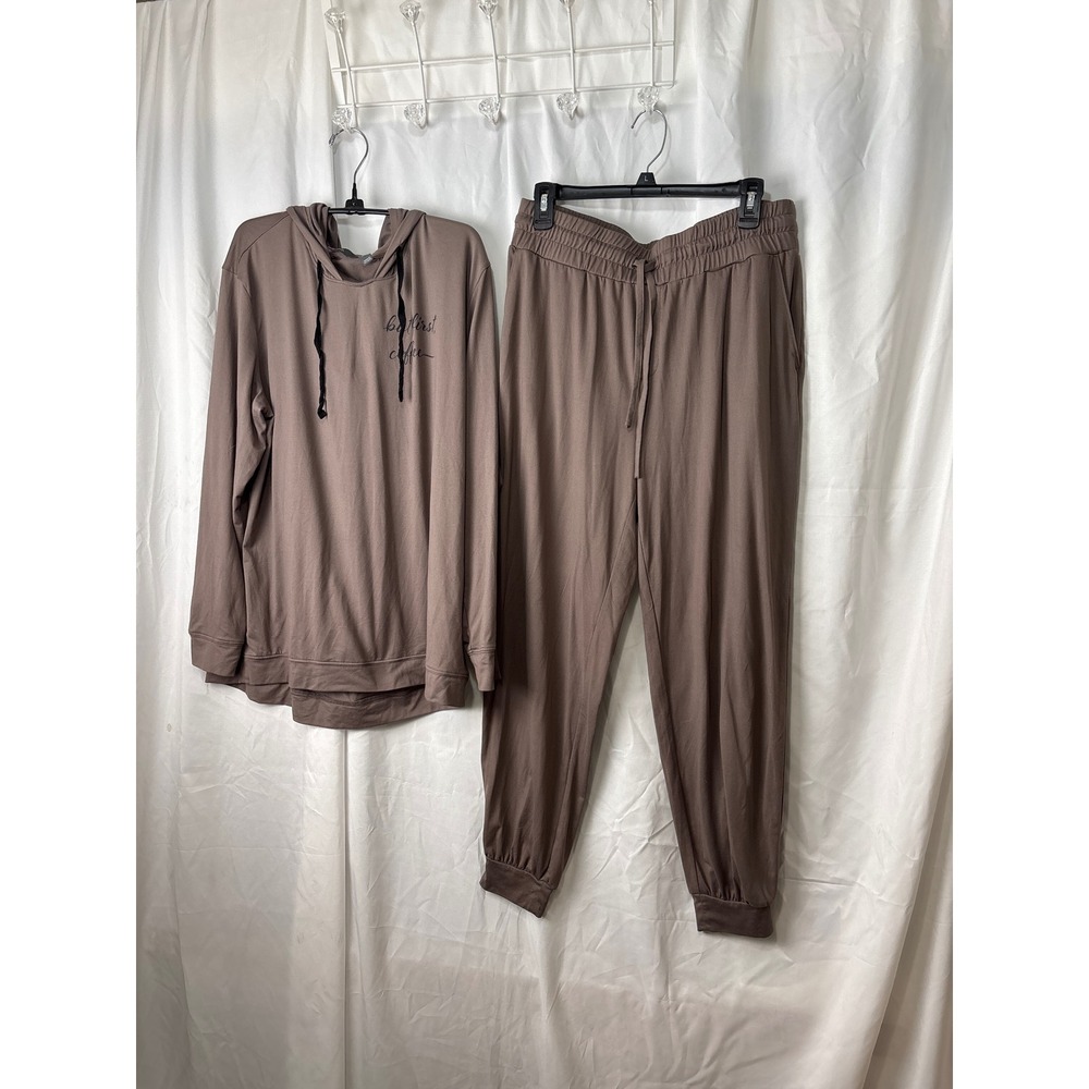 AnyBody Womens Lounge Set But First Coffee Hoodie Jogger Pants Taupe Brown M